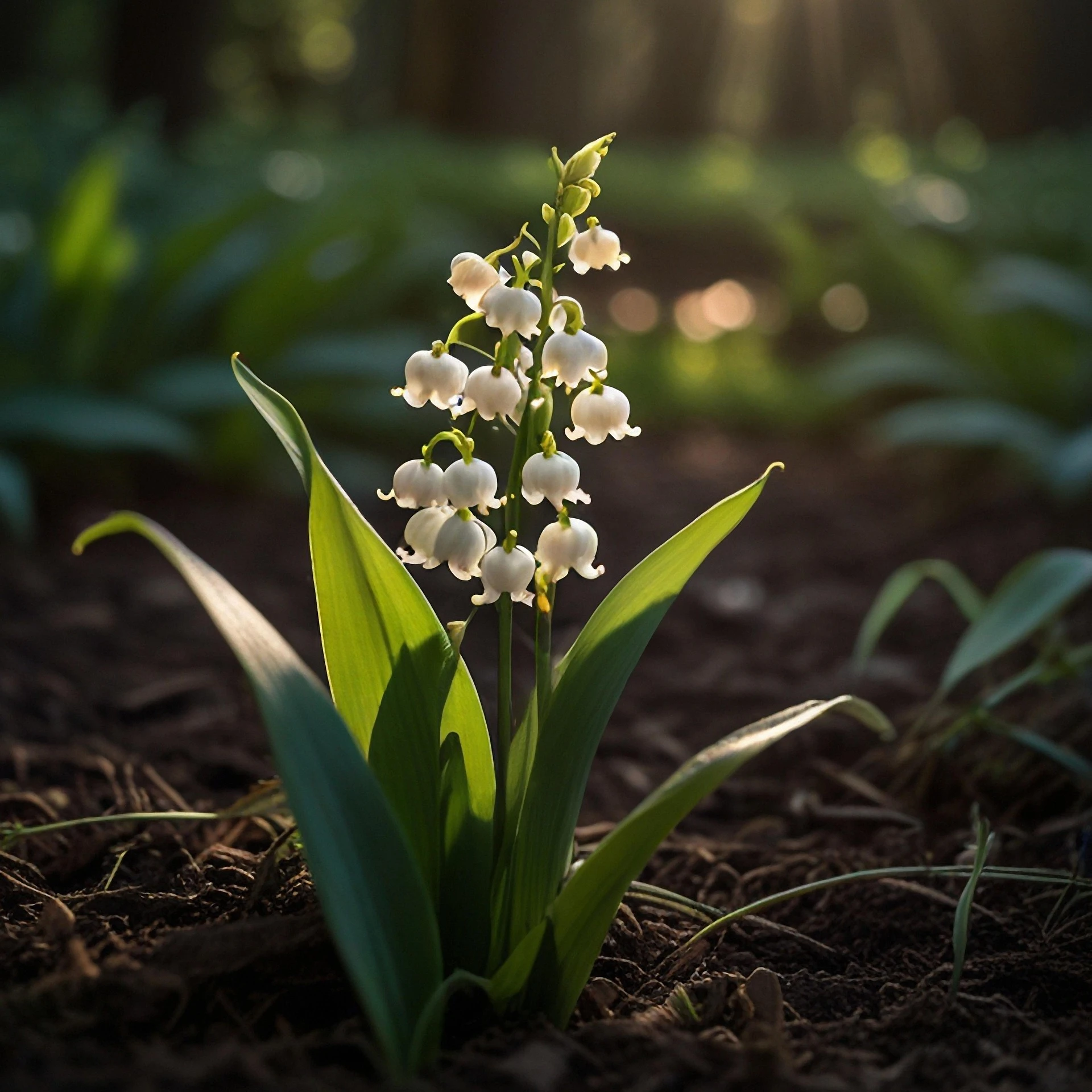 White lily of the valley flowers in soft woodland light